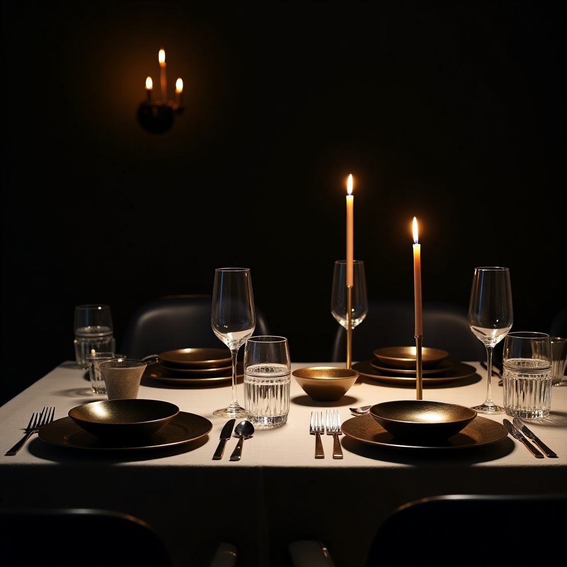 Elegant dining table setup with ceramic plates, wine glasses, and candles creating a sophisticated ambiance.