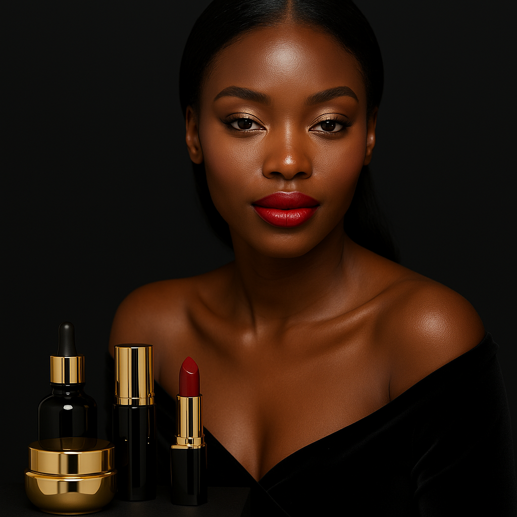 Portrait of a woman with radiant skin and bold red lipstick featuring luxury makeup products on a dark background.