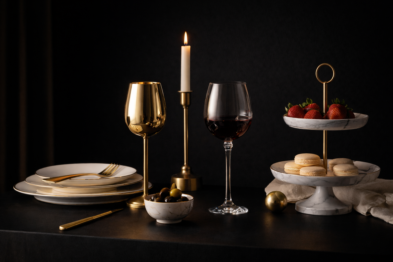 Elegant dining table setup with ceramic plates, wine glasses, and candles creating a sophisticated ambiance.