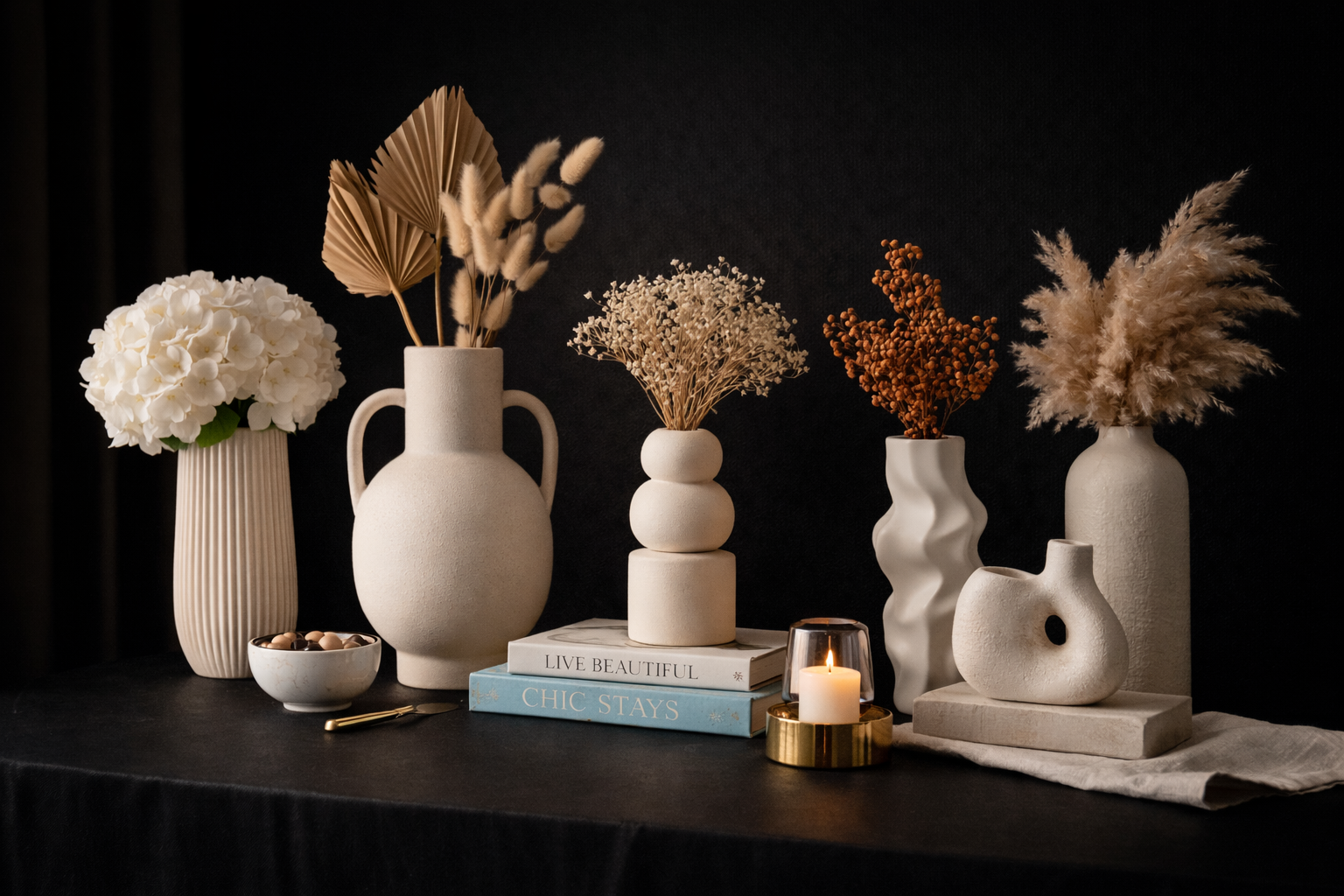 Elegant collection of white ceramic vases with gold accents on a dark background, showcasing organic shapes and luxurious finishes.