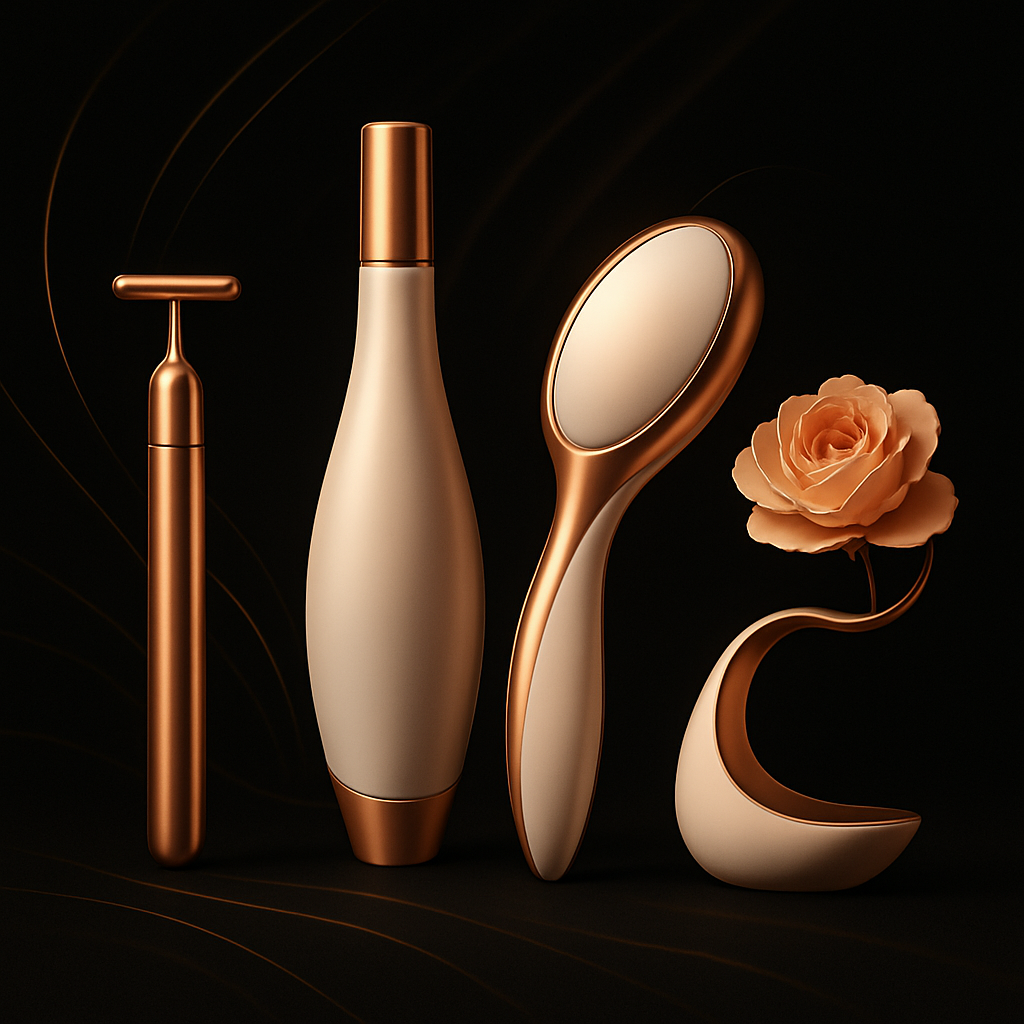 Gamme d'appareils de beauté élégants en couleur or, incluant un roller, un flacon, un miroir et une fleur.