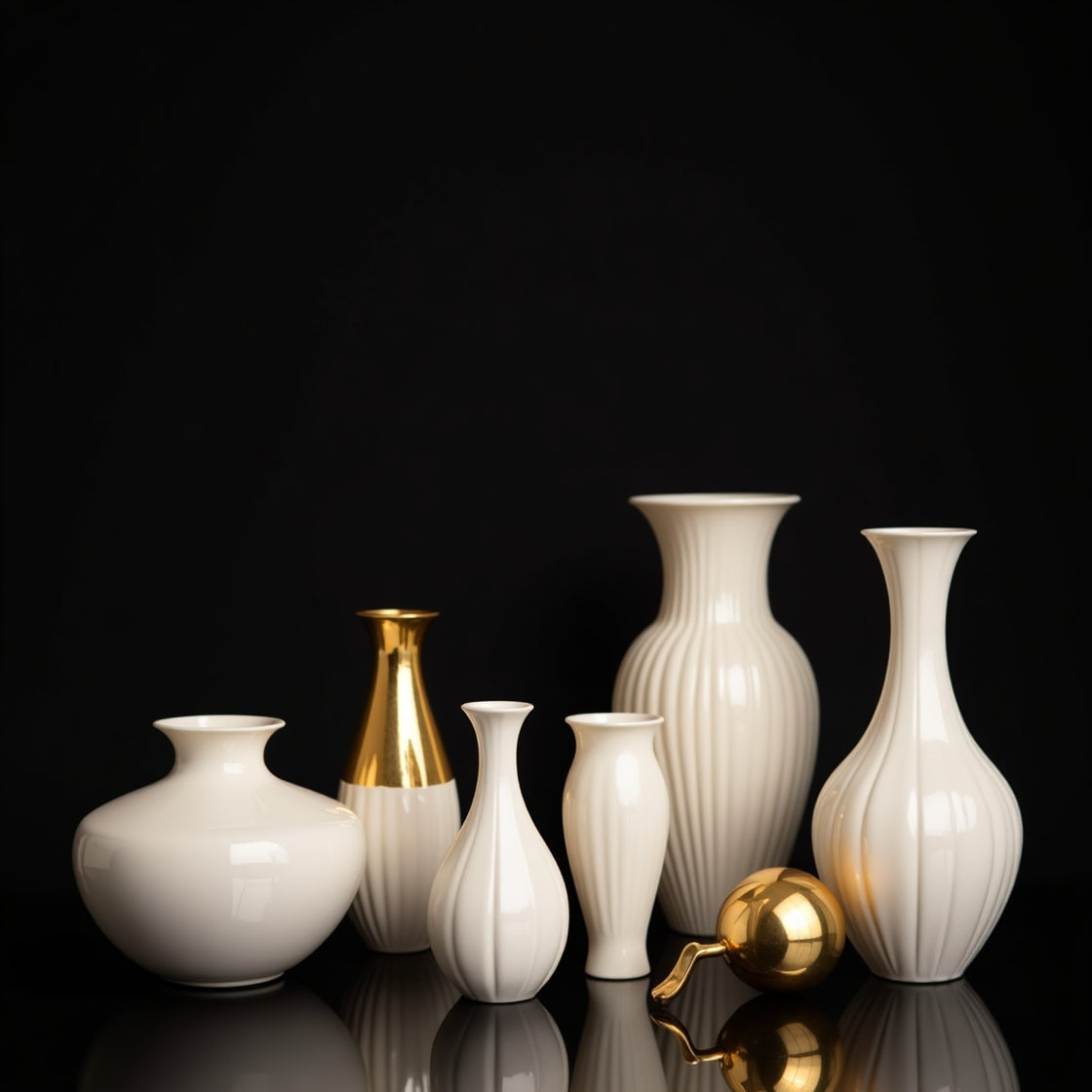 Elegant collection of white ceramic vases with gold accents on a dark background, showcasing organic shapes and luxurious finishes.