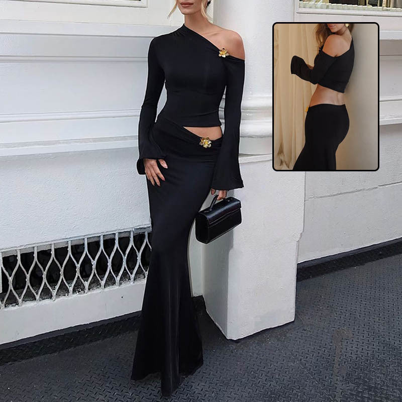 Ensemble Sabrina: top asymétrique noir et jupe élégante pour une allure urbaine et féminine.
