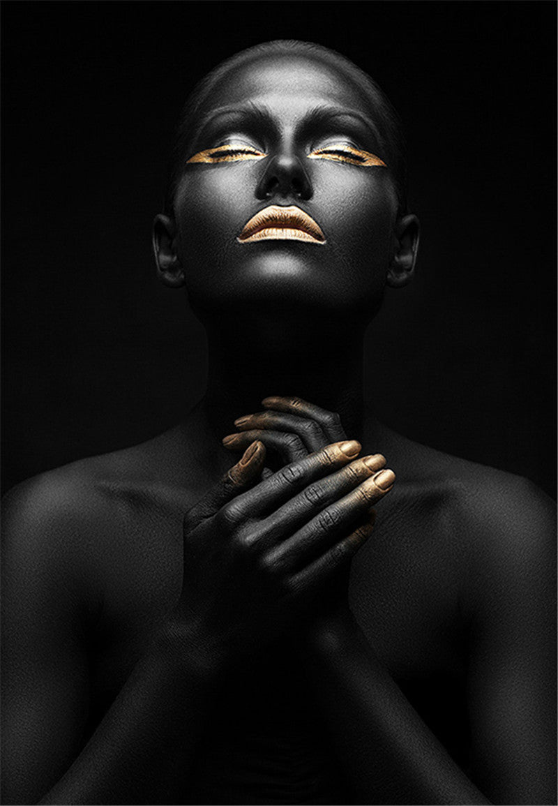 Tableau portrait contemporain noir et or décoration murale salon