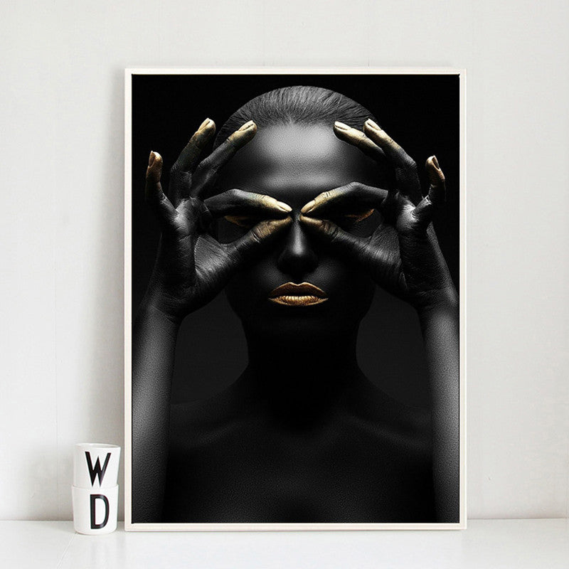 Tableau portrait contemporain noir et or décoration murale salon