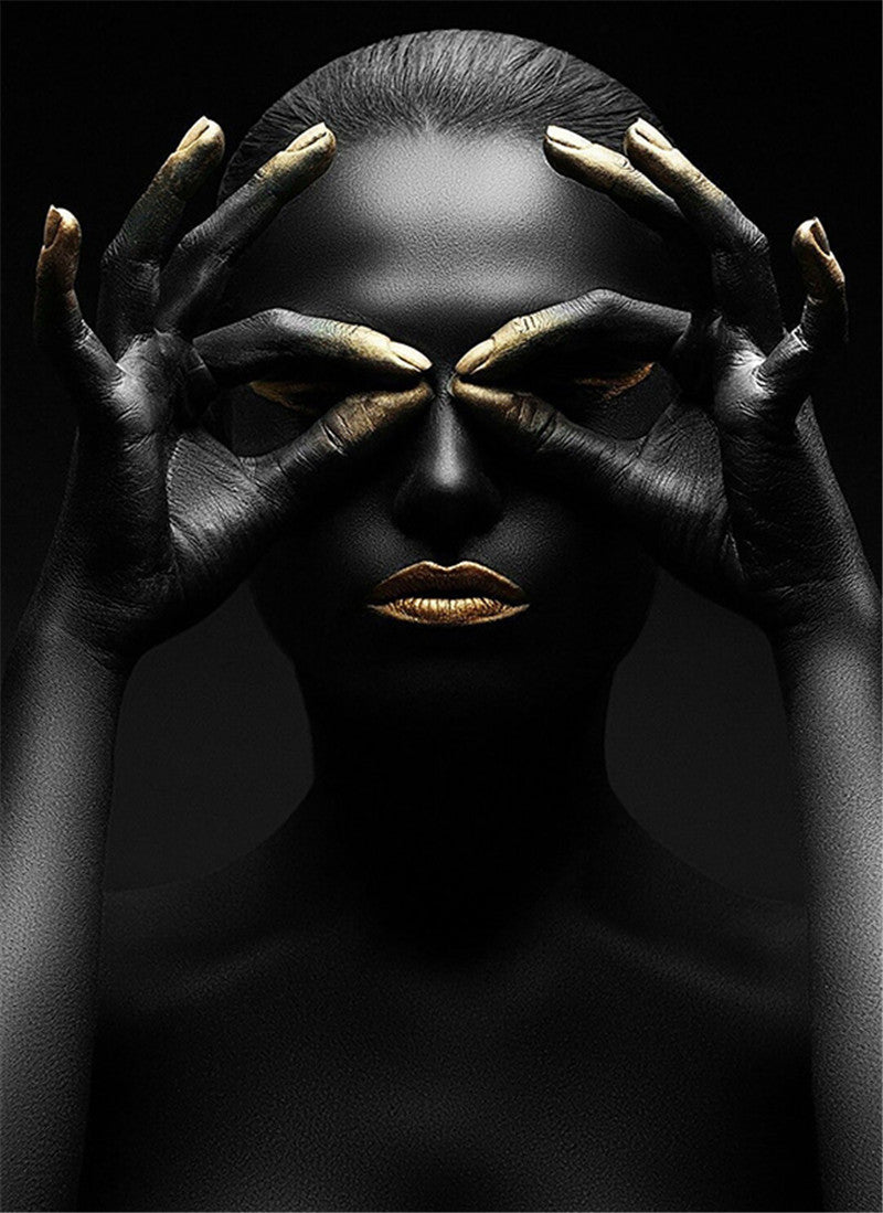 Tableau portrait contemporain noir et or décoration murale salon