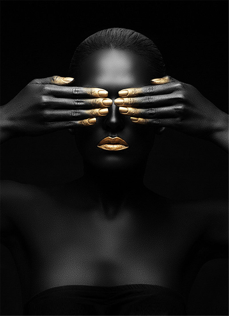 Tableau portrait contemporain noir et or décoration murale salon