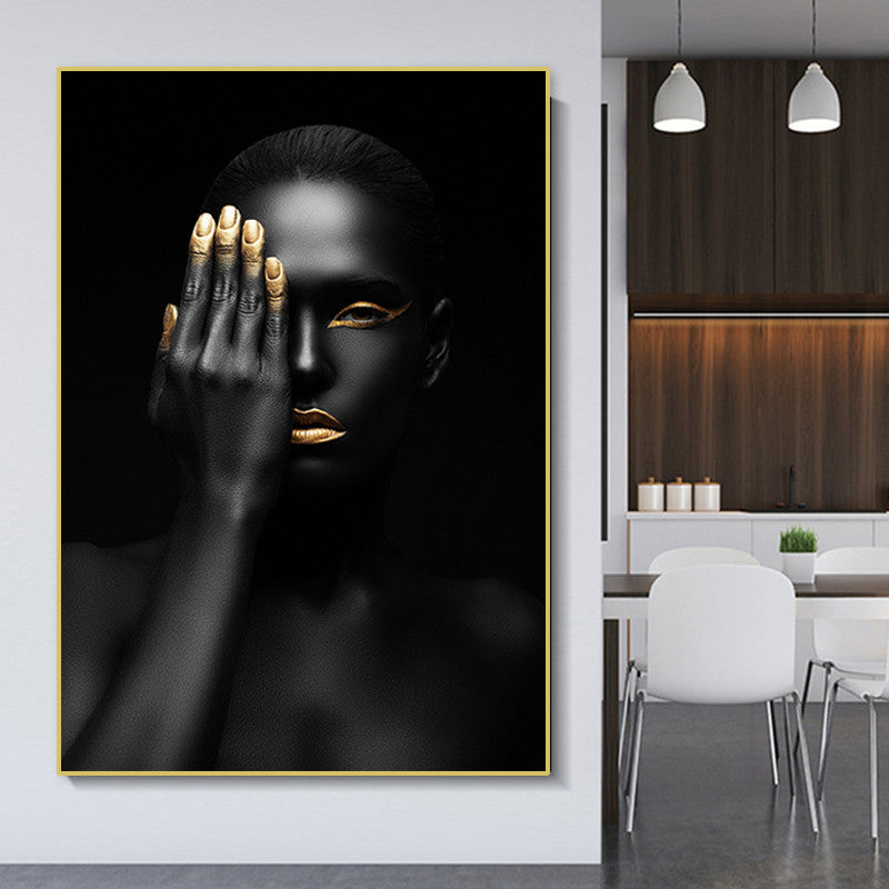 Tableau portrait contemporain noir et or décoration murale salon