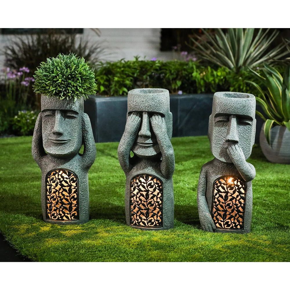 Statues lumineuses Moaï en résine pour jardin, décoration extérieure avec éclairage d’ambiance Maison Gloow