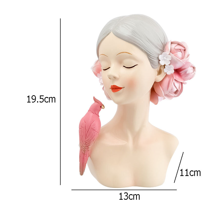 Sculpture décorative buste féminin avec oiseau en résine rose, objet déco poétique