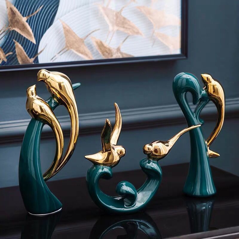 Statues design animaux en poterie émaillée et dorure, décoration contemporaine