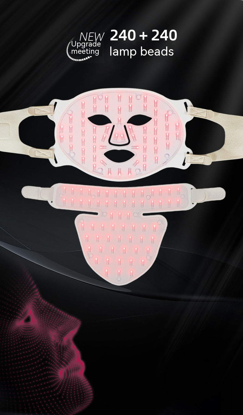 Masque photonique avec 480 lampes LED pour soins du visage et cou, design moderne et performance élevée.