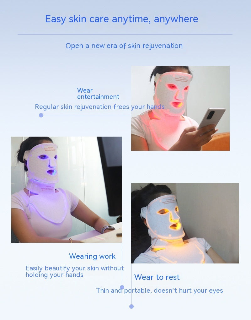 Woman using LED facial mask for skin rejuvenation while multitasking at home.