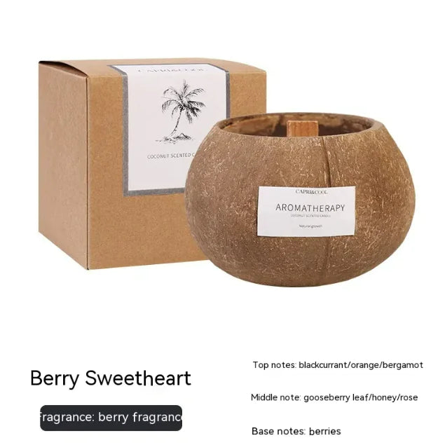 Coconut-scented aromatherapy candle in sustainable packaging with berry fragrance notes.