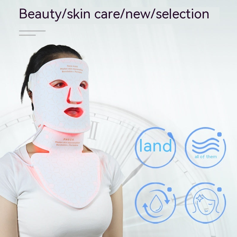 Woman wearing a photon beauty mask for skincare, showcasing LED technology for facial treatment.
